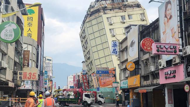 The Full Hotel building in Hualien, which had been previously damaged in the April 3 earthquake, tilting further to one side after a series of earthquakes this week. Picture: AFP