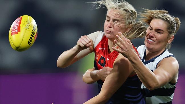 Geelong’s Becky Webster tackles Melbourne's Megan Fitzsimon in Saturday’s season-opener. Picture: Daniel Pockett/Getty Images