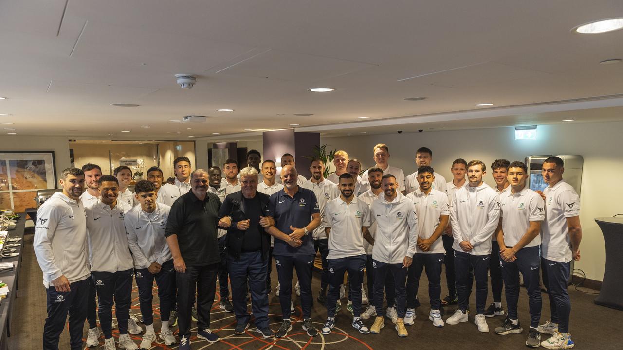 The Socceroos had a visit from Ange Postecoglou and Guus Hiddink while in camp in London. Picture: Football Australia/Aleksandar Jason