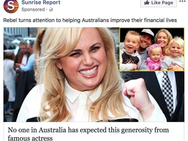 A sponsored Facebook post linking to a fake news story about Rebel Wilson and Bitcoin. Picture: Facebook/Supplied