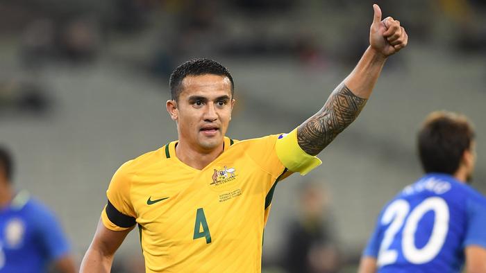 Tim Cahill of the Socceroos gives the thumbs up during the international friendly between Australia and Brazil at the MCG in Melbourne, Tuesday, June 13, 2017. (AAP Image/Julian Smith) NO ARCHIVING, EDITORIAL USE ONLY