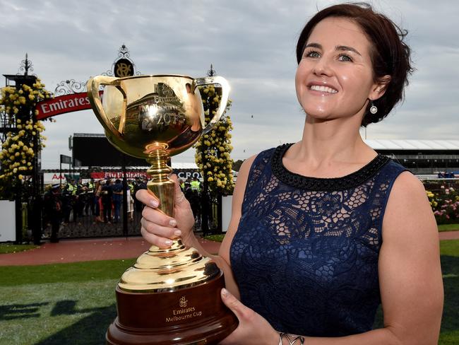 Michelle Payne with the Melbourne Cup. Picture: Jay Town