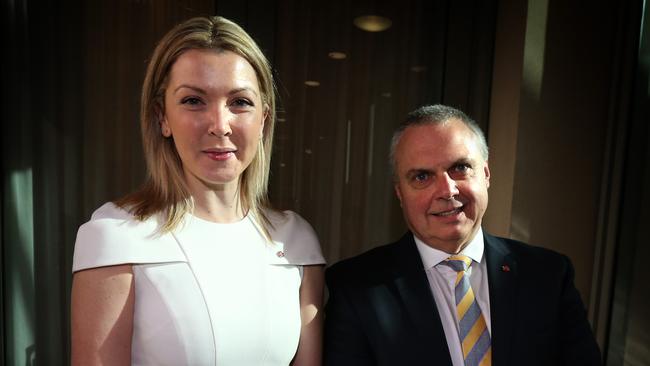 New Nick Xenophon Team Senators Sky Kakoschke-Moore and Stirling Griff pose for photos before starting their "Senate School" ahead of next week's sitting of Parliament.