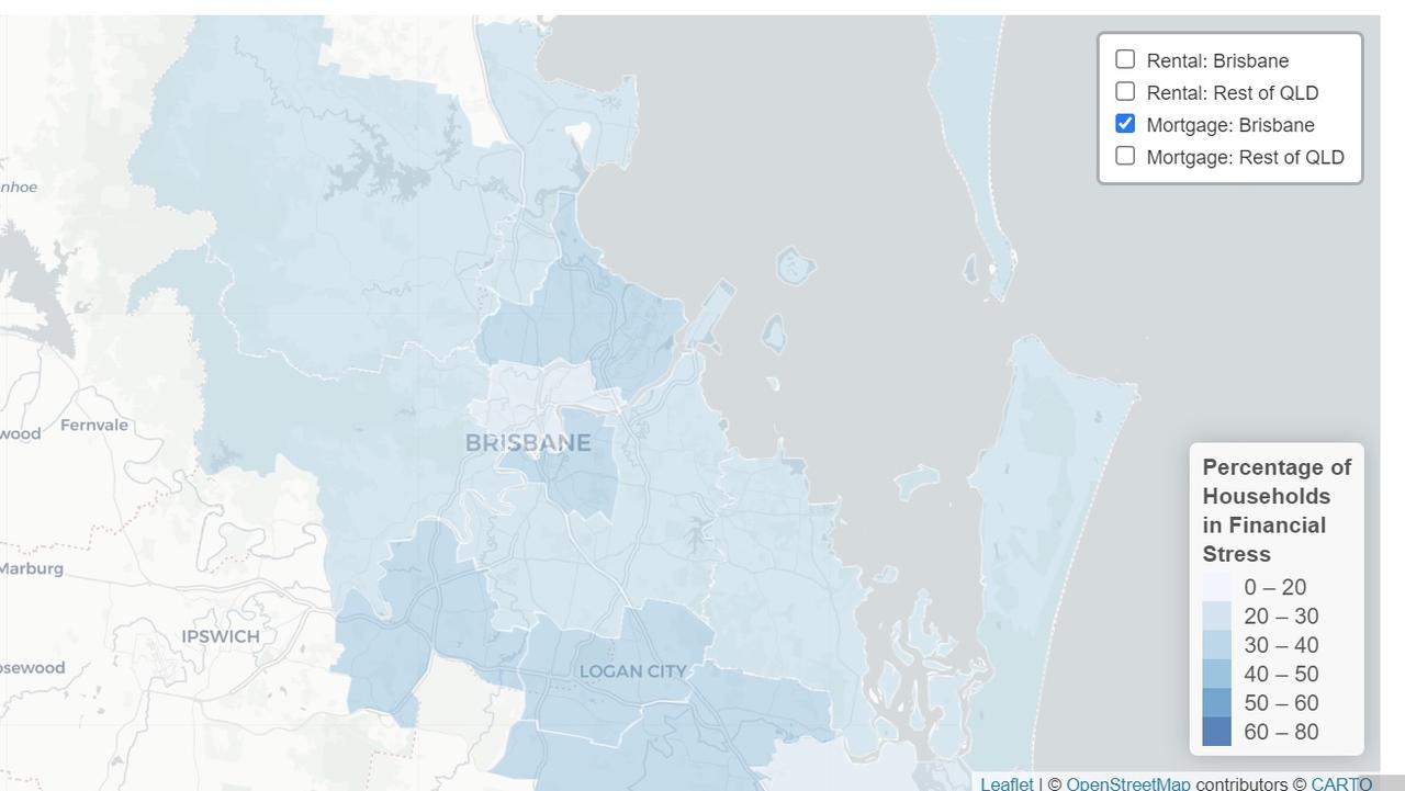 The Brisbane heat map shows the number of mortgage holders in distress. Picture: Everybody’s Home