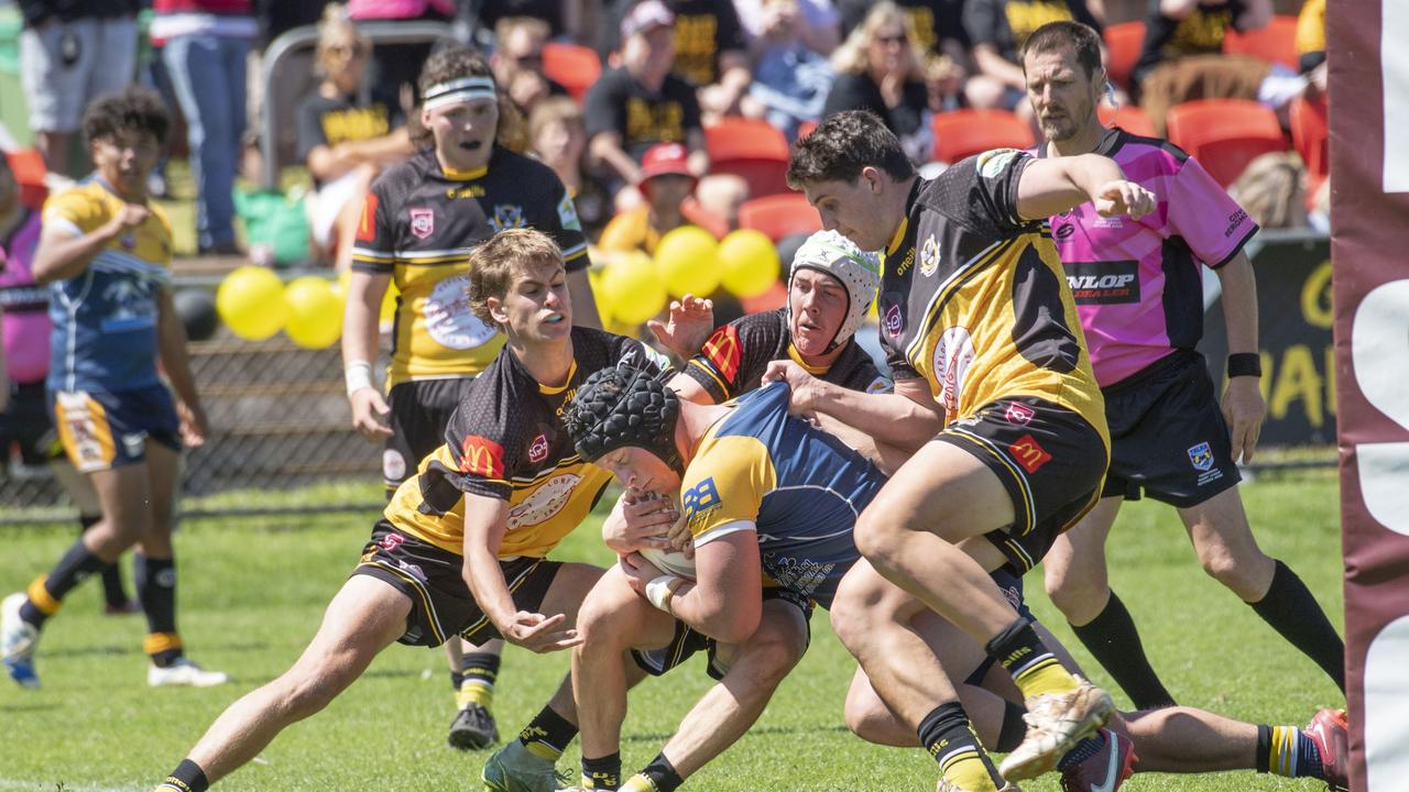 Gatton prevent Darcy Carswell scoring for Highfields during an under-19 finals match in 2022. Carswell was a star performer for Highfields at the weekend – scoring four tries in his side’s win. Picture: Nev Madsen.