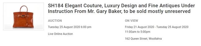 Shapiro Auctions has announced the sale of a collection of handbags on behalf of Gary Baker, the recently estranged husband of Karin Upton Baker.