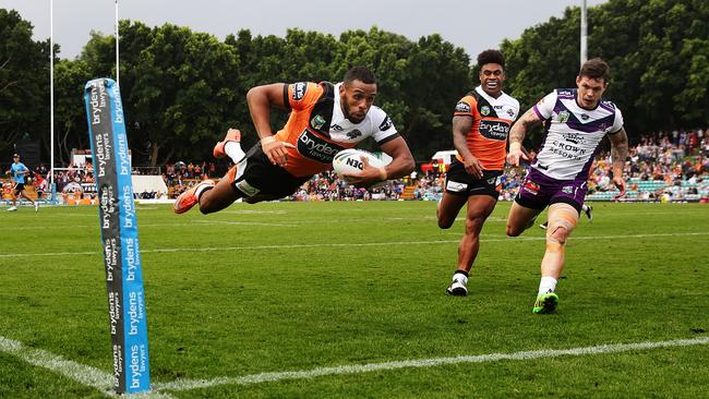 Josh Addo-Carr scores on debut. Picture: Brett Costello
