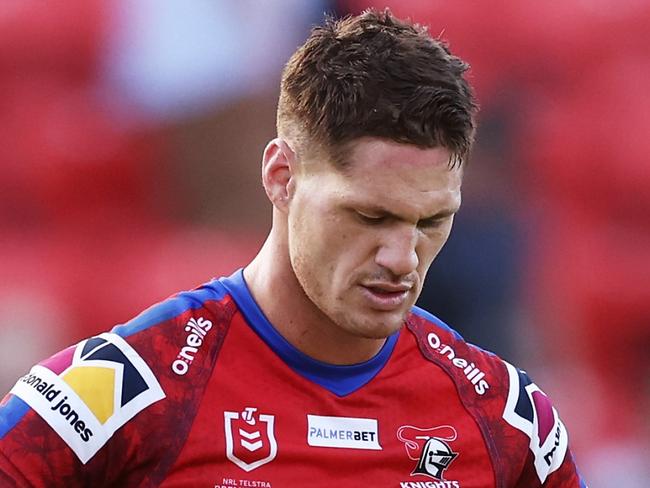 NEWCASTLE, AUSTRALIA - APRIL 24:  Kalyn Ponga of the Knights looks dejected at full-time during the round seven NRL match between the Newcastle Knights and the Parramatta Eels at McDonald Jones Stadium, on April 24, 2022, in Newcastle, Australia. (Photo by Matt King/Getty Images)