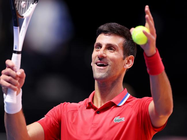 DUBAI, UNITED ARAB EMIRATES - DECEMBER 23: Novak Djokovic of Falcons reacts while playing against Sebastian Ofner of Kites during day five of the World Tennis League at Coca-Cola Arena on December 23, 2022 in Dubai, United Arab Emirates. (Photo by Christopher Pike/Getty Images)