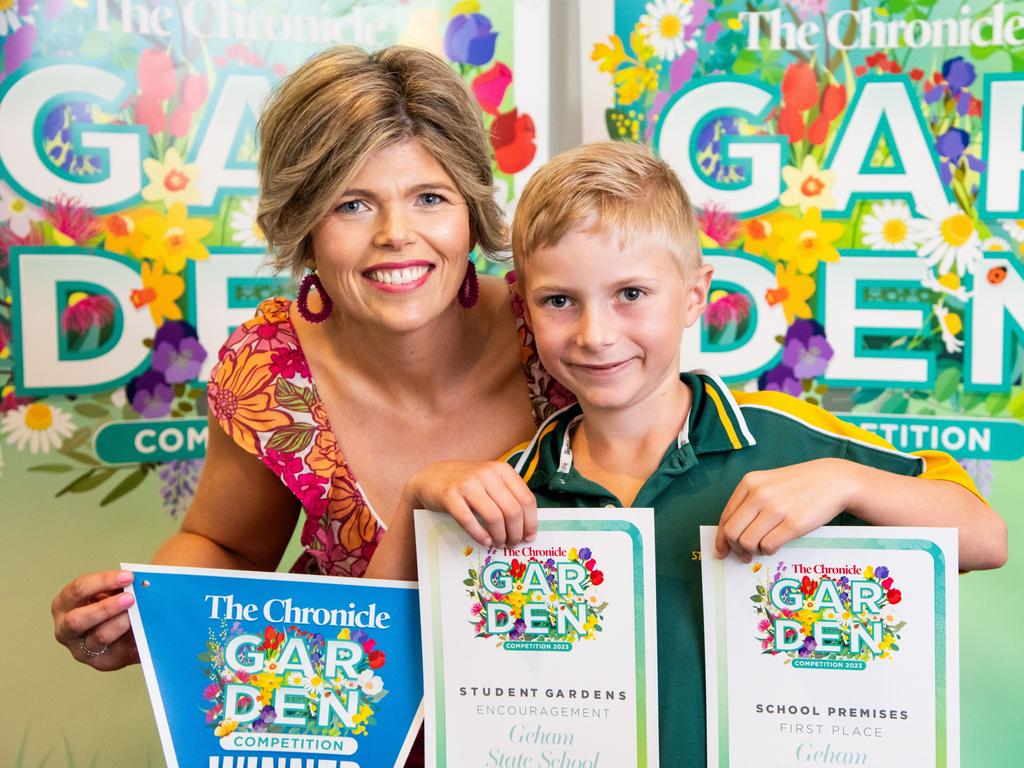Geham State School win a highly commended for the student garden and first for school garden. Accepting the award Kellie and Charlie Gersekowski.Chronicle Garden Competition, awards presentation at Oaks Toowoomba Hotel.Thursday September 14, 2023