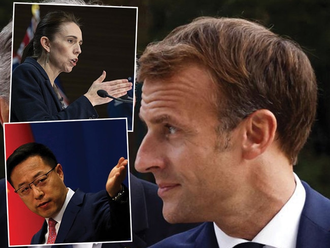 French president Emmanuel Macron (main picture), New Zealand PM Jancinda Ardern (top left) and Zhao Lijian are unsurprising critics of the nuclear submarines decision. Pictures: AFP