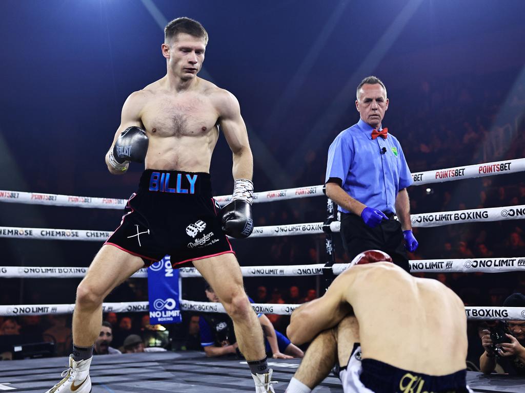 Billy Polkinghorn stands over Jordan Kasilieris at the No Limit Boxing fight night at WIN Entertainment Centre on July 10, 2024. Pictures: No Limit Boxing/Gregg Porteous