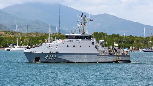 Fijian navy guardian class patrol boat RFNS Savenaca departs the Cairns naval base HMAS Cairns, navigating Trinity Inlet and heading towards the Coral Sea. Picture: Brendan Radke