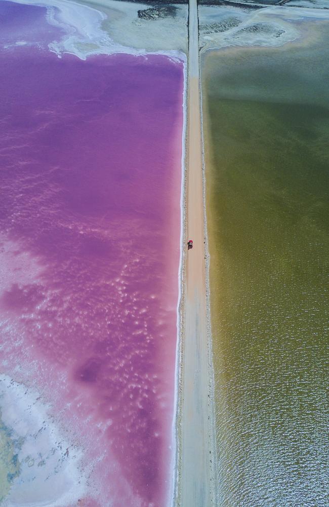 The extraordinary pink and green Lake MacDonnell. Picture: Kye Polglase