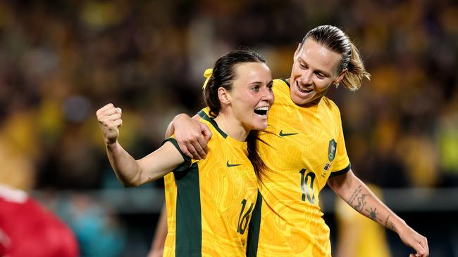 Hayley Rasocelebrates her goal with Emily van Egmond during the Women's World Cup round of 16 football match between the Matildas and Denmark. Picture: Damian Briggs/Getty