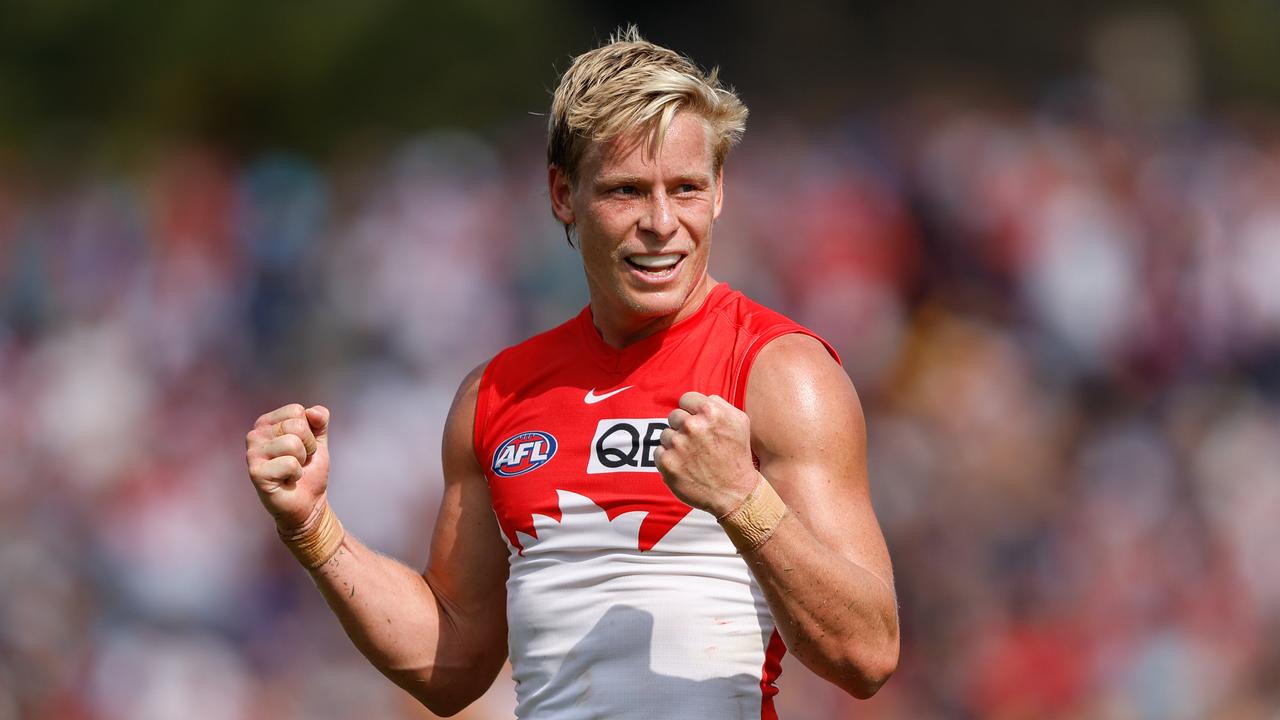 ADELAIDE, AUSTRALIA - APRIL 06: Isaac Heeney of the Swans celebrates a goal during the 2024 AFL Round 04 match between the West Coast Eagles and the Sydney Swans at Adelaide Hills - Mt Barker on April 06, 2024 in Adelaide, Australia. (Photo by Dylan Burns/AFL Photos via Getty Images)