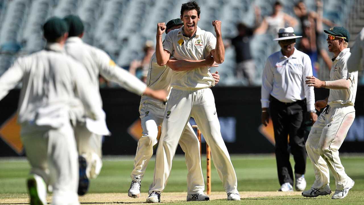 Australian players embrace Mitchell Starc after he dismissed Wahab Riaz of Pakistan in the Boxing Day test match between Australia and Pakistan at the MCG in Melbourne, Friday, Dec. 30, 2016. (AAP Image/Julian Smith) NO ARCHIVING, EDITORIAL USE ONLY, IMAGES TO BE USED FOR NEWS REPORTING PURPOSES ONLY, NO COMMERCIAL USE WHATSOEVER, NO USE IN BOOKS WITHOUT PRIOR WRITTEN CONSENT FROM AAP. Picture: JULIAN SMITH