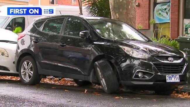 A trail of carnage was left behind after Mr Chamoun allegedly attempted to evade police arrest, crashing an alleged stolen Nissan Patrol into numerous parked cars and a police vehicle. Picture: 9News