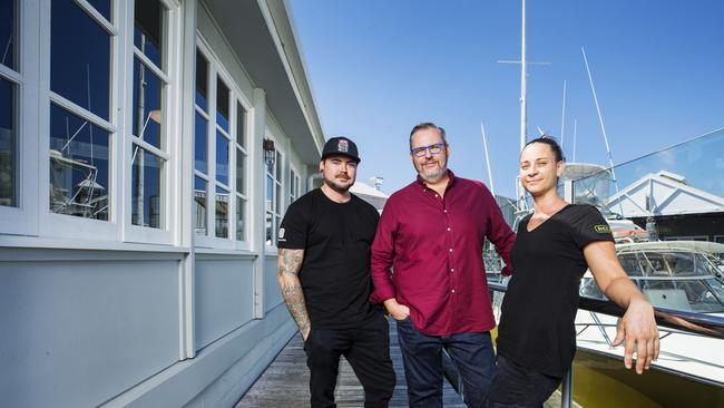 Owner Tony Kelly with head chefs Mitch Smith and Jenny Cann at their new restaurant venture Spero on the waterfront at Mooloolaba Wharf. Photo Lachie Millard