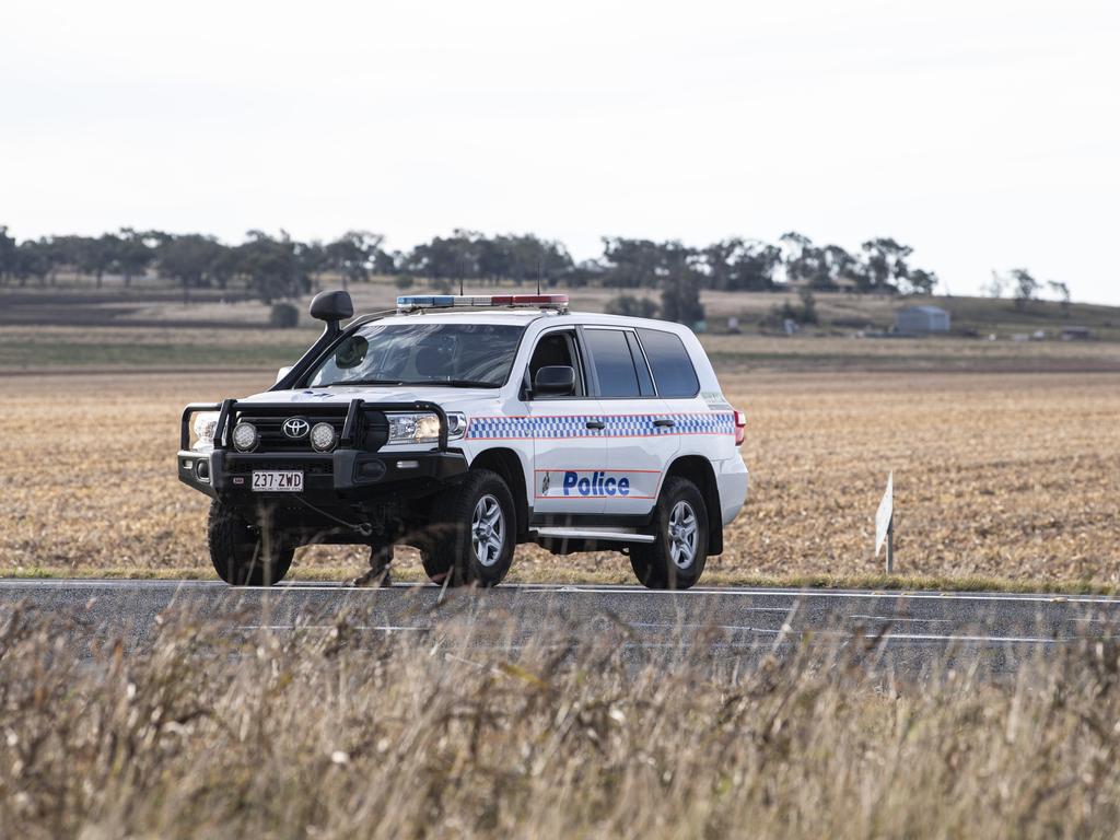 Emergency services at the scene of a serious crash on the Warrego Highway, east of Oakey, Sunday, June 9, 2024. Picture: Kevin Farmer