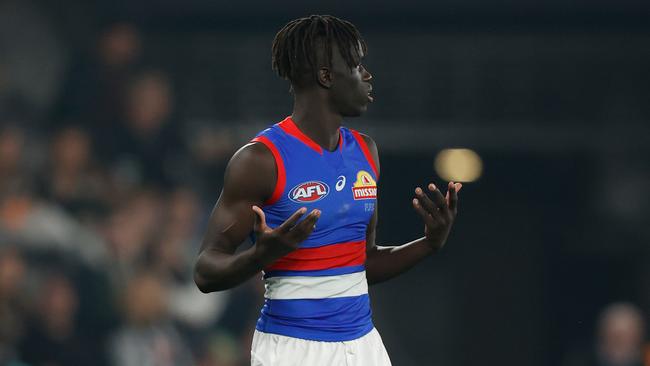 Buku Khamis of the Bulldogs gives away a 50 metre penalty for umpire dissent. Picture: Michael Willson/AFL Photos via Getty Images