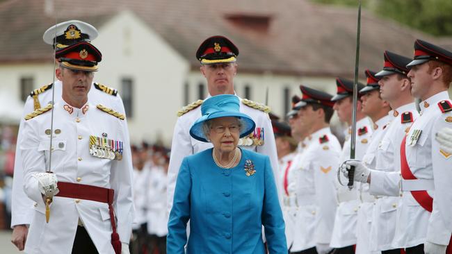 Queen Elizabeth inspects the guard during the Presentation of Colours to the Royal Military College Duntroon in Canberra in 2011. Picture: AAP