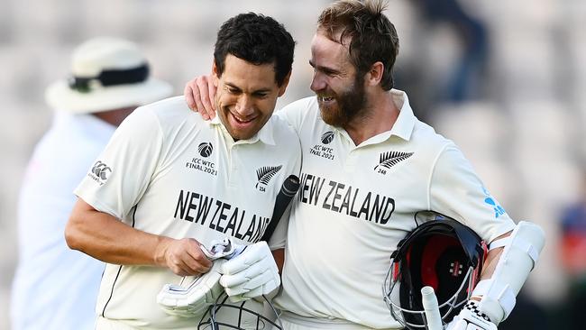 Kane Williamson and Ross Taylor of New Zealand celebrate victory as they walk off the field at The Hampshire Bowl. Picture: Getty Images