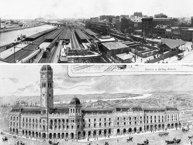 Flinders St Station under construction in the early 1900s and, below, an early design for Spencer St Station. Pictures. State Library of Victoria