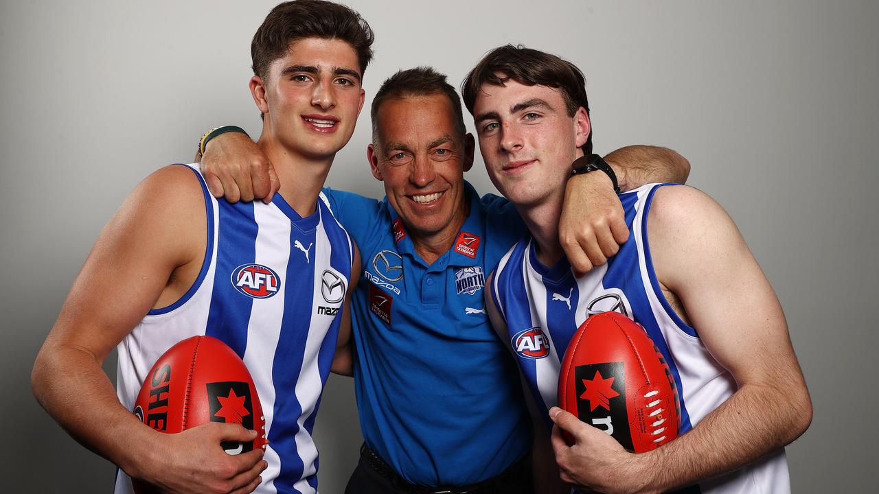 North Melbourne’s top draft picks Harry Sheezel and George Wardlaw meet coach Alastair Clarkson. Picture: Michael Klein