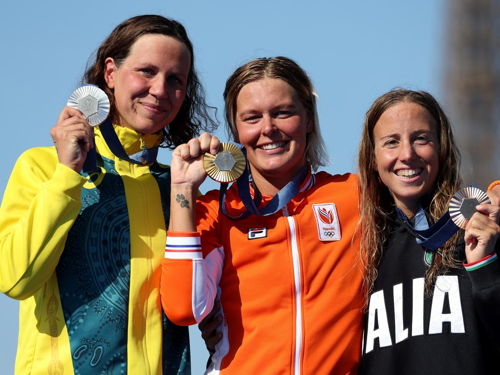 Australian silver medallist Moesha Johnson on the podium alongside her best friend. Picture: Clive Rose/Getty Images