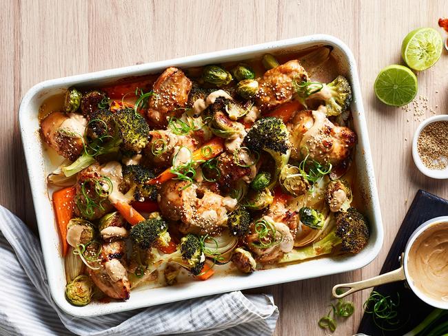 This satay traybake combines lots of delicious ingredients.