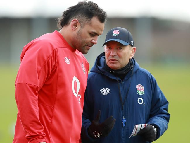 England coach Eddie Jones talks to Billy Vunipola during a training session. Picture: David Rogers/Getty Images