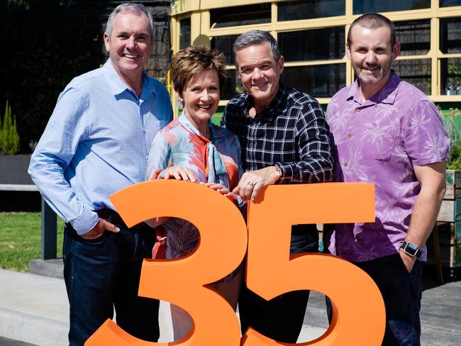 Neighbours stars (from left) Alan Fletcher, Jackie Woodburne, Stefan Dennis and Ryan Moloney celebrate the show's 35th anniversary in 2020. Picture: Channel 10