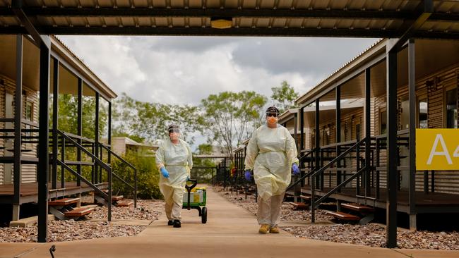 AUSMAT staff conduct a swabbing run at a PPE drill at the NCCTRCA/AUSMAT sections of the Howard Springs Coronavirus quarantine Centre on Darwin's outskirts. Picture: GLENN CAMPBELL via NCA NewsWire