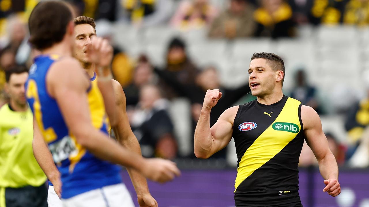 MELBOURNE, AUSTRALIA - MAY 06: Dion Prestia of the Tigers celebrates a goal during the 2023 AFL Round 08 match between the Richmond Tigers and the West Coast Eagles at the Melbourne Cricket Ground on May 6, 2023 in Melbourne, Australia. (Photo by Michael Willson/AFL Photos via Getty Images)