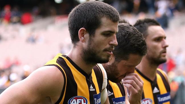 Captain Ben Stratton and defender James Frawley are among a number of experienced Hawks under the pump. Picture: Wayne Ludbey