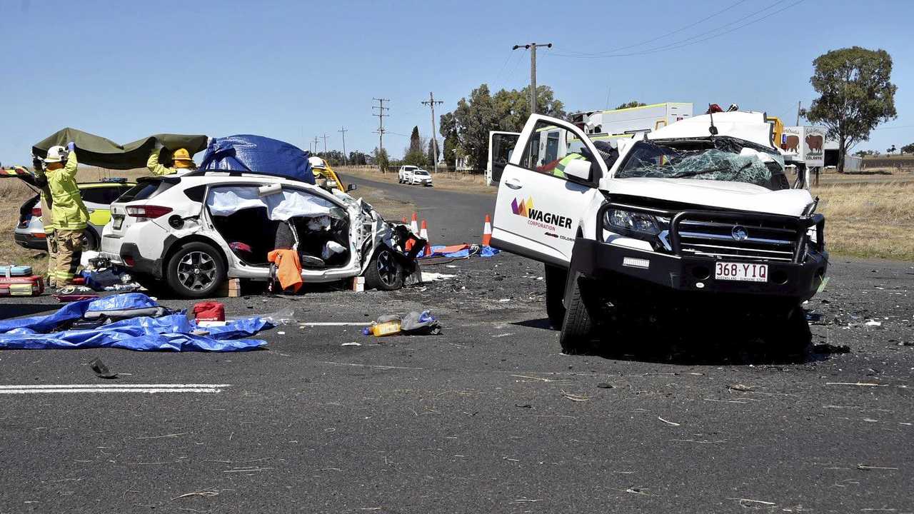 Fatal crash, involving a truck and two cars on Warrego Highway at the intersection Brimblecombe Road. September 2018. Picture: Bev Lacey