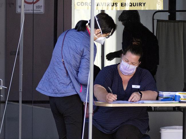 A Coronavirus temporary station set up out  side emergency at Box Hill Hospital. One person being seen to. No queue. Picture: Sarah Matray