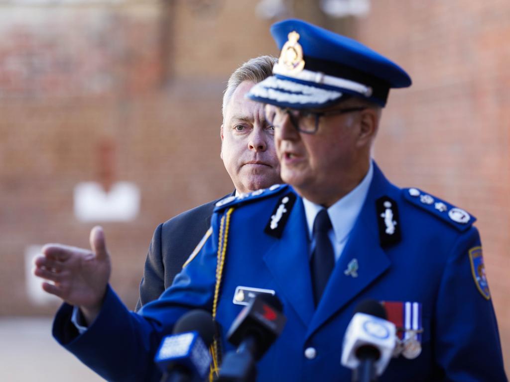 The newly refurbished High Risk Management Correctional Centre Area 2 is opened at Goulburn Jail, Goulburn, NSW. Press conference with Anthony Roberts, NSW Minister for Counter Terrorism and Corrections (l) and Commissioner for Corrections Peter Severin (front). Picture: Sean Davey