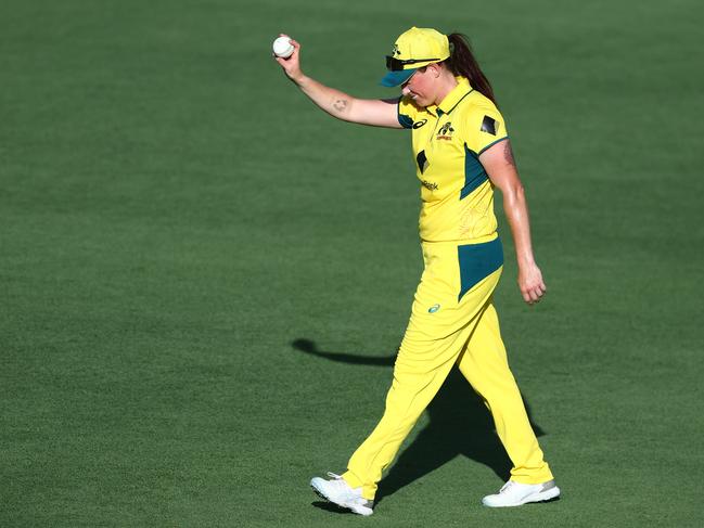 Megan Schutt celebrates her five-wicket haul at Allan Border Field. Picture: Chris Hyde/Getty Images