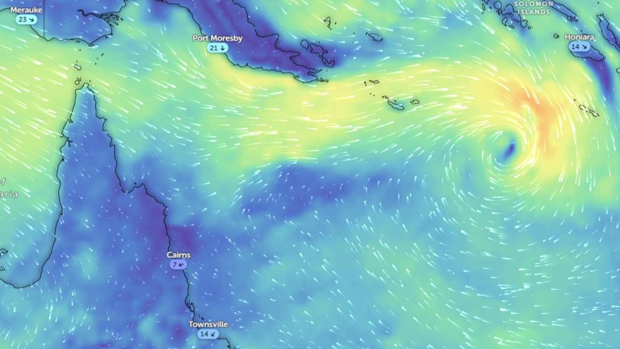 A Zoom Earth graphic showing the Tropical Low 05U system in the Coral Sea.