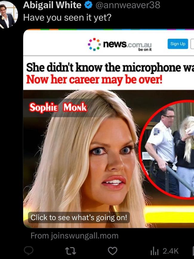 Sophie Monk has been featured in a scam designed to fleece millions from Australians, as pictured here.