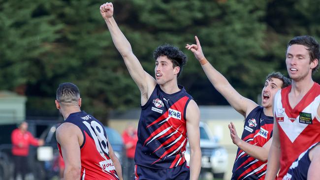 EFL: Nicholas Frescher of Waverley Blues celebrates his goal. Picture: George Salpigtidis