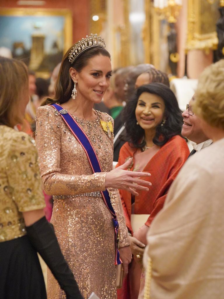 Catherine wore a showstopping Jenny Packham gold ‘Georgia’ gown to the event. Picture: Getty Images