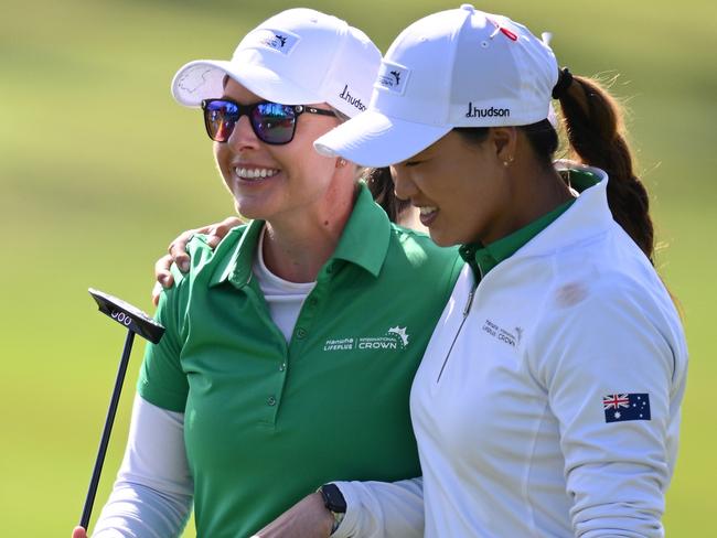 SAN FRANCISCO, CALIFORNIA - MAY 7: Sarah Kemp (L) and Minjee Lee (R) of Team Australia walk off the tenth green during day four of the Hanwha LIFEPLUS International Crown at TPC Harding Park on May 7, 2023 in San Francisco, California. (Photo by Orlando Ramirez/Getty Images)