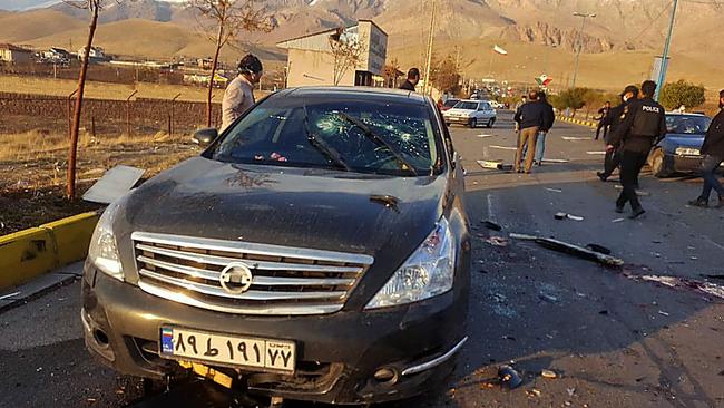 The bullet-ridden car of Iranian nuclear scientist Mohsen Fakhrizadeh after it was attacked Tehran. Picture: IRIB News Agency / AFP