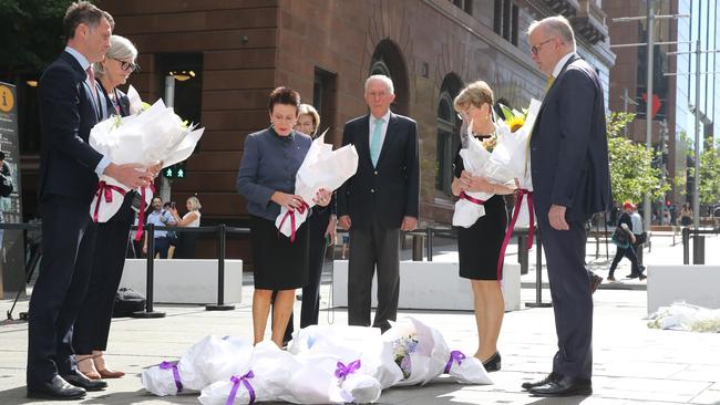 Prime Minister Anthony Albanese, Premier Chris Minns, Governor General Sam Mostyn, Governor of NSW and Councillor Clover Moore AO, Lord Mayor of Sydney and Parents of Katrina Dawson Jane and Sandy Dawson arrive to lay flowers in honor of 10 years since the Martin Place Siege. Picture: NewsWire / Gaye Gerard