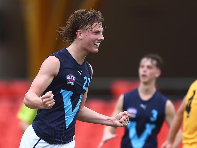 Oliver Greeves celebrates a goal in 2023. Picture: Chris Hyde/AFL Photos