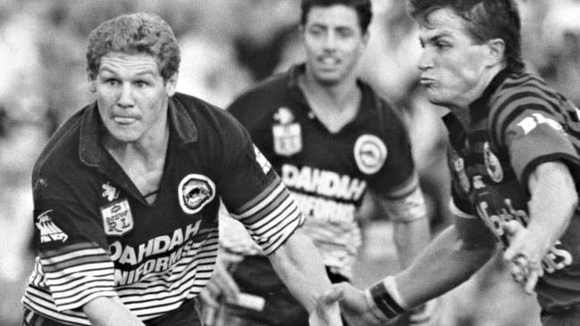 Steve Carter gets pass away when confronted by Paul Conlon during Penrith v Norths Winfield Cup game at Penrith Park on 30/06/1991.