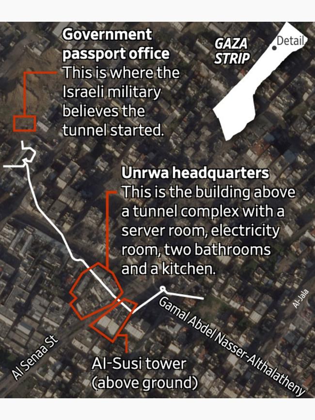 <b>Tunnel path under the U.N. Relief and Works Agency's headquarters: </b>Israel’s military says subterranean base was important intelligence hub